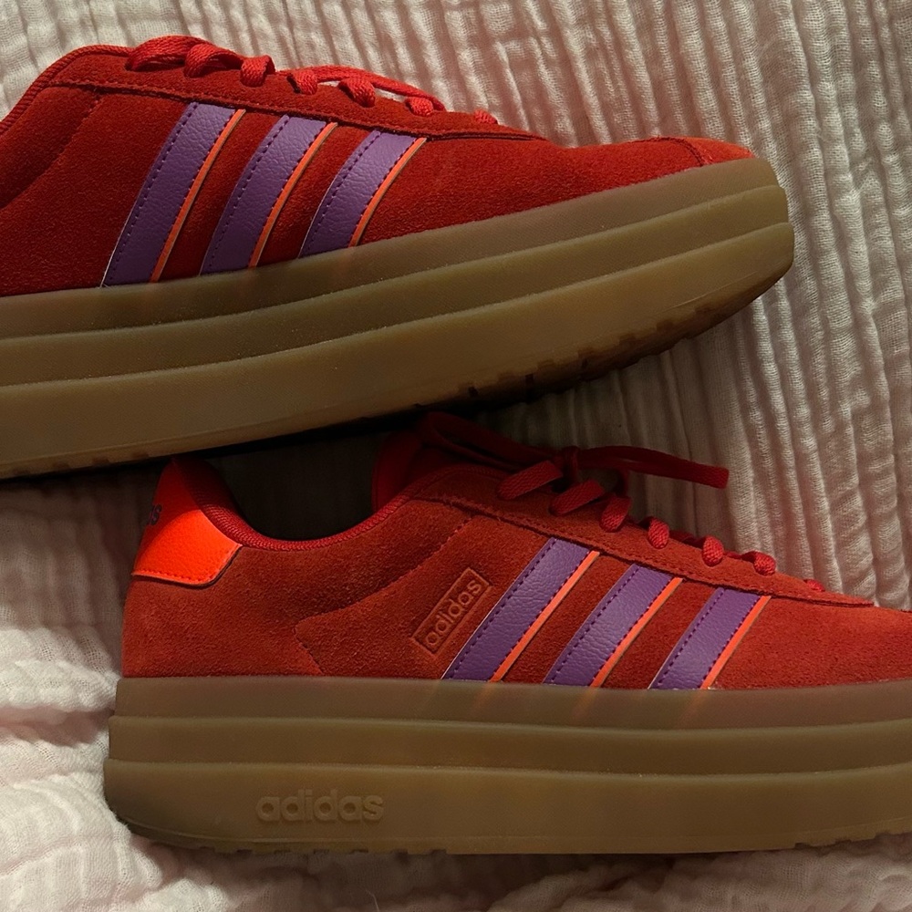Adidas Red Sneakers with Purple Accents women’s 11